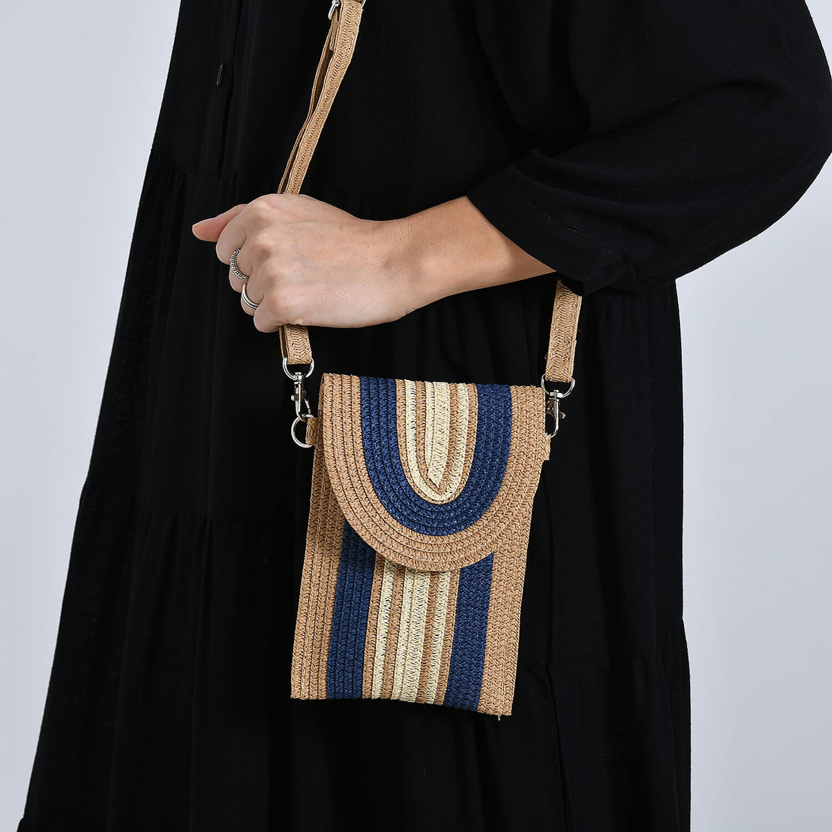 Bohemian Style Casual Summer Straw Crossbody Phone Bag with Striped Pattern - Khaki &amp; Navy 8034559 2
