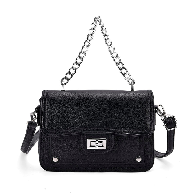 THE BIG CLOSEOUT - Edgy Satchel Bag with Chain Handle and Detachable Shoulder Strap - Black