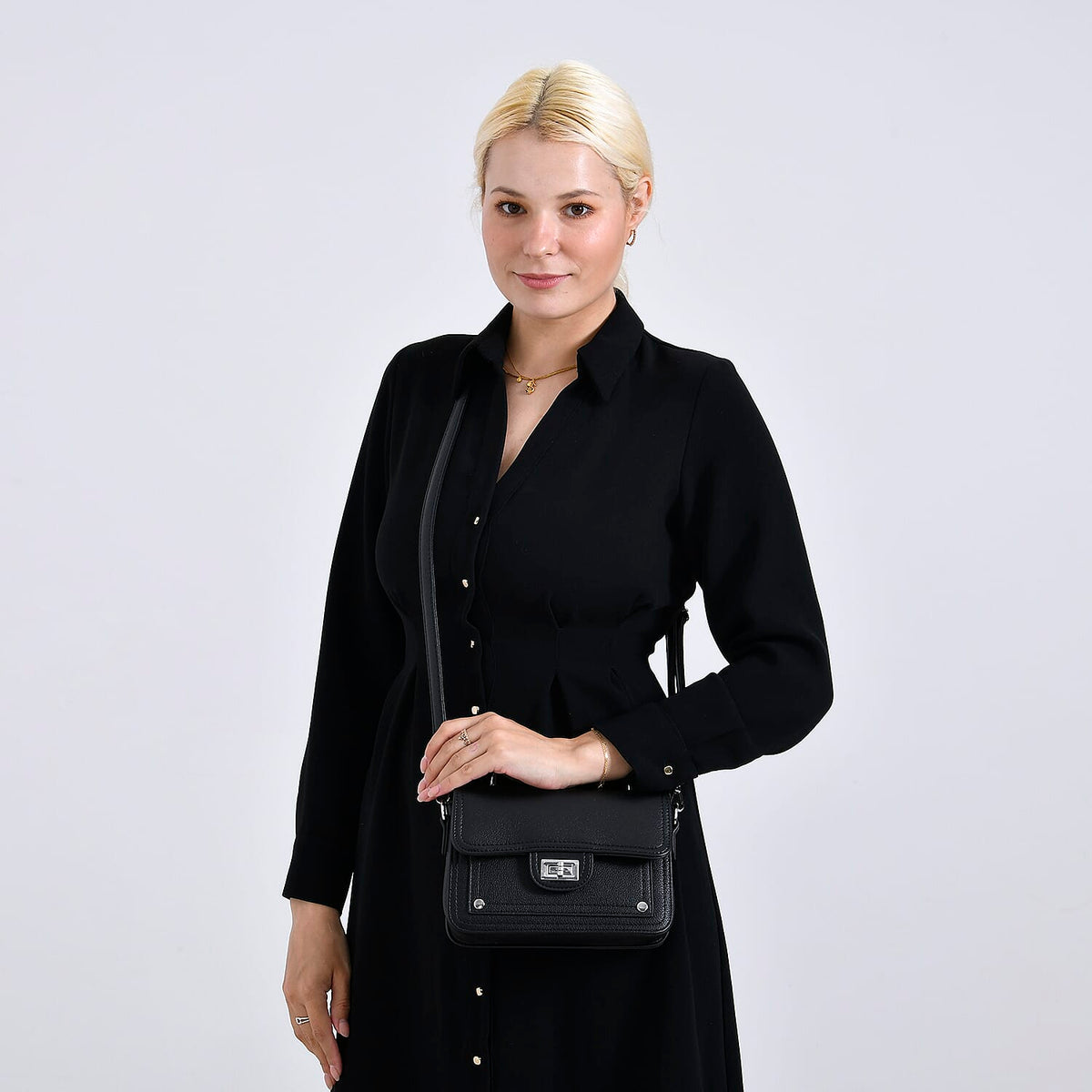 Edgy Crossbody Bag with Chain Handle and Functional Pockets - Black V32644848 2