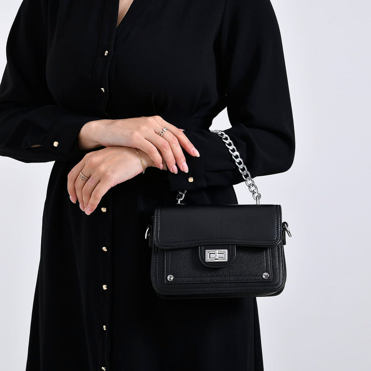 Edgy Crossbody Bag with Chain Handle and Functional Pockets - Black V32644848 3