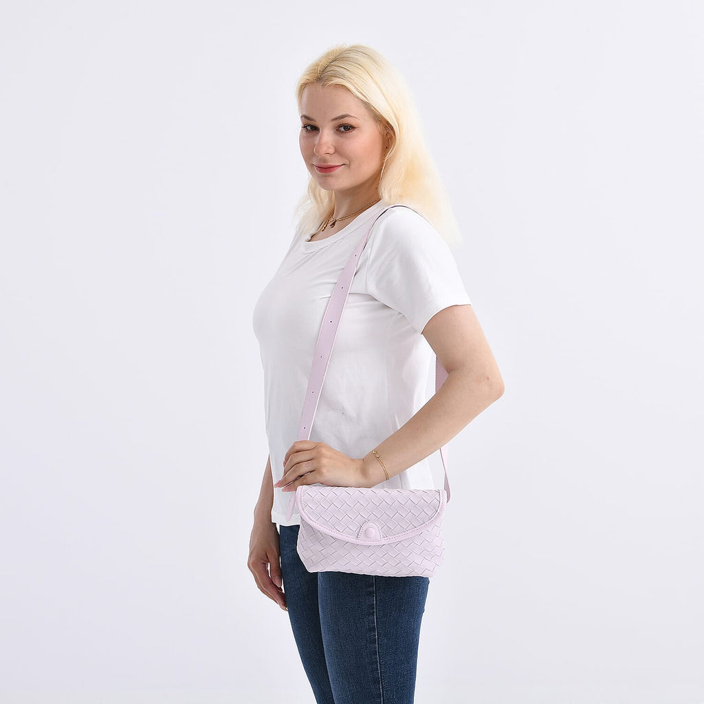 Woven Pattern Crossbody Bag with Flap Closure - Nude Pink