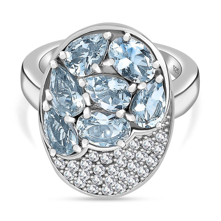 Aquamarine, White Zircon Ring in Rhodium Overlay Sterling Silver 3.34 Ct. 8054476 1