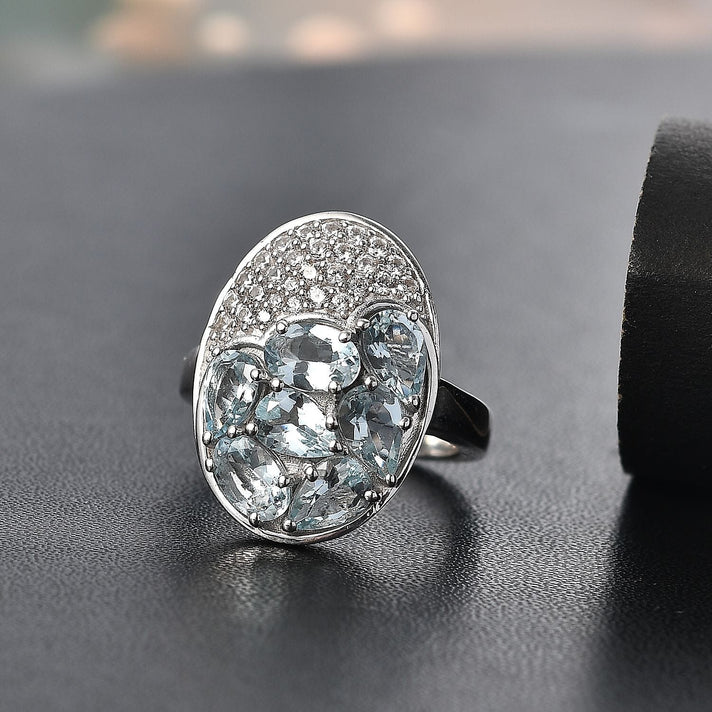 Aquamarine, White Zircon Ring in Rhodium Overlay Sterling Silver 3.34 Ct. 8054476 2