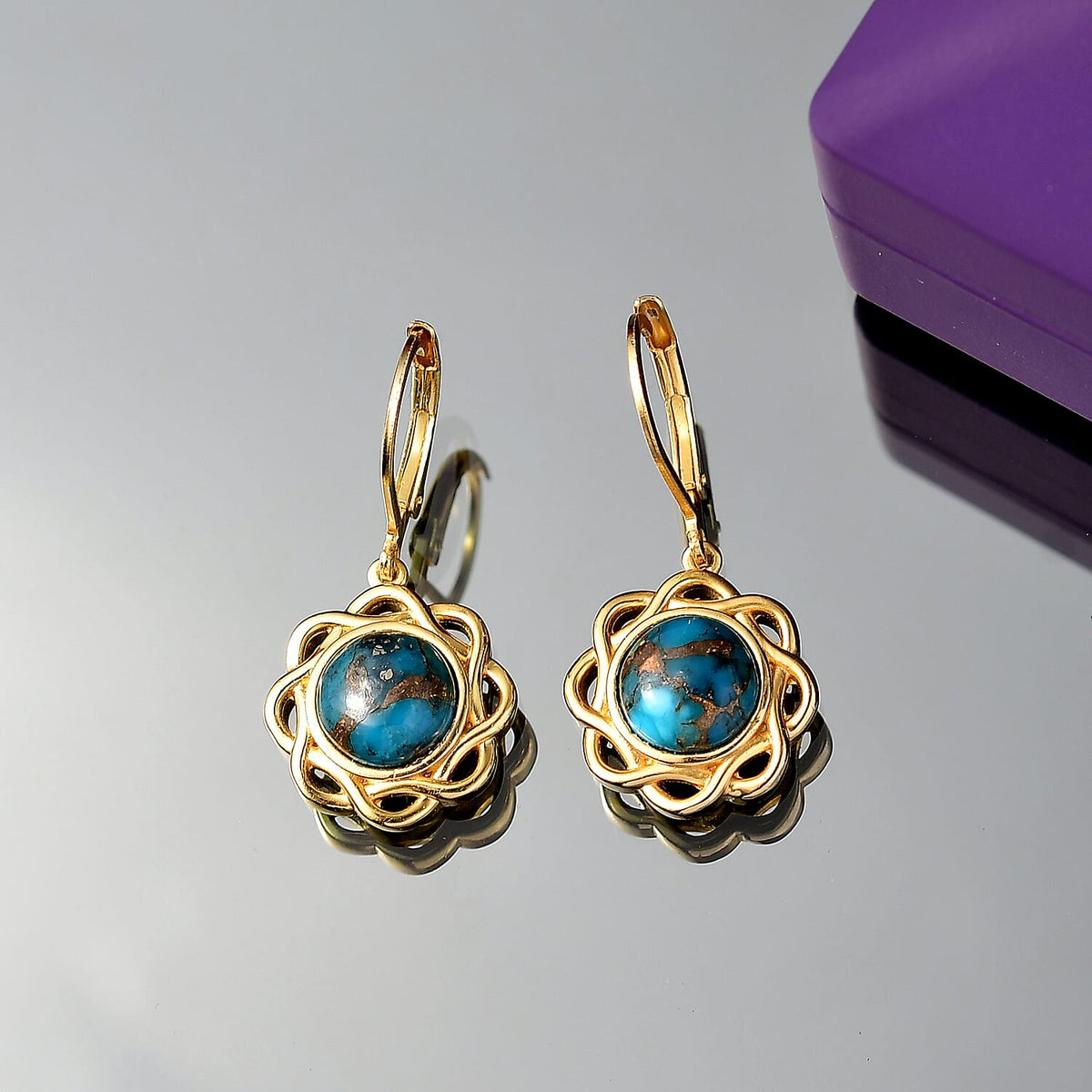 Tucson Find - Turquoise Solitaire Lever Back Earring in Yellow Gold Plating 4.25 Ct. 8189931 2