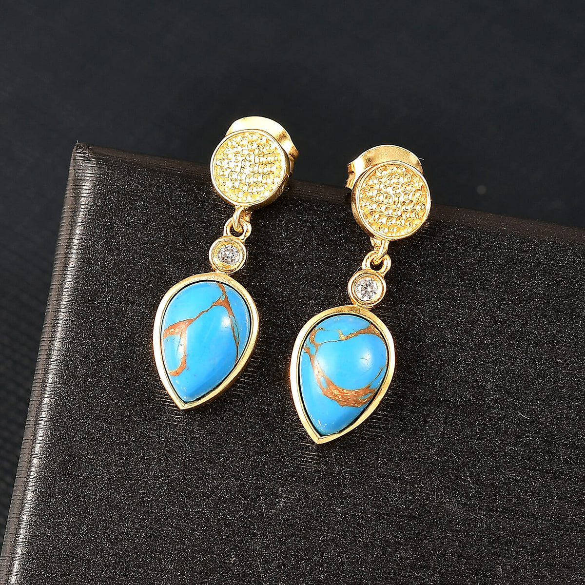 Tucson Find - Blue Turquoise Drop Earring with Push Back in Yellow Gold Plated 3.25 Ct. 8189932 2