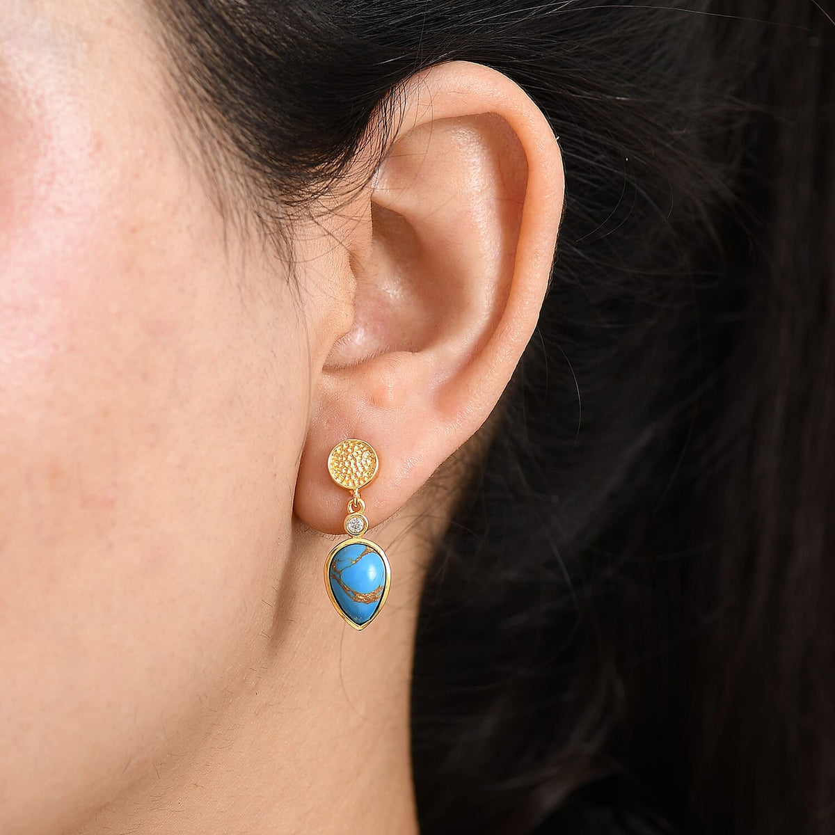 Tucson Find - Blue Turquoise Drop Earring with Push Back in Yellow Gold Plated 3.25 Ct. 8189932 3