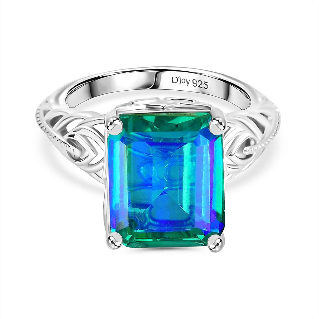 D'joy Peacock Triplet Quartz Solitaire Ring in Rhodium Overlay Sterling Silver 7.31 Ct.