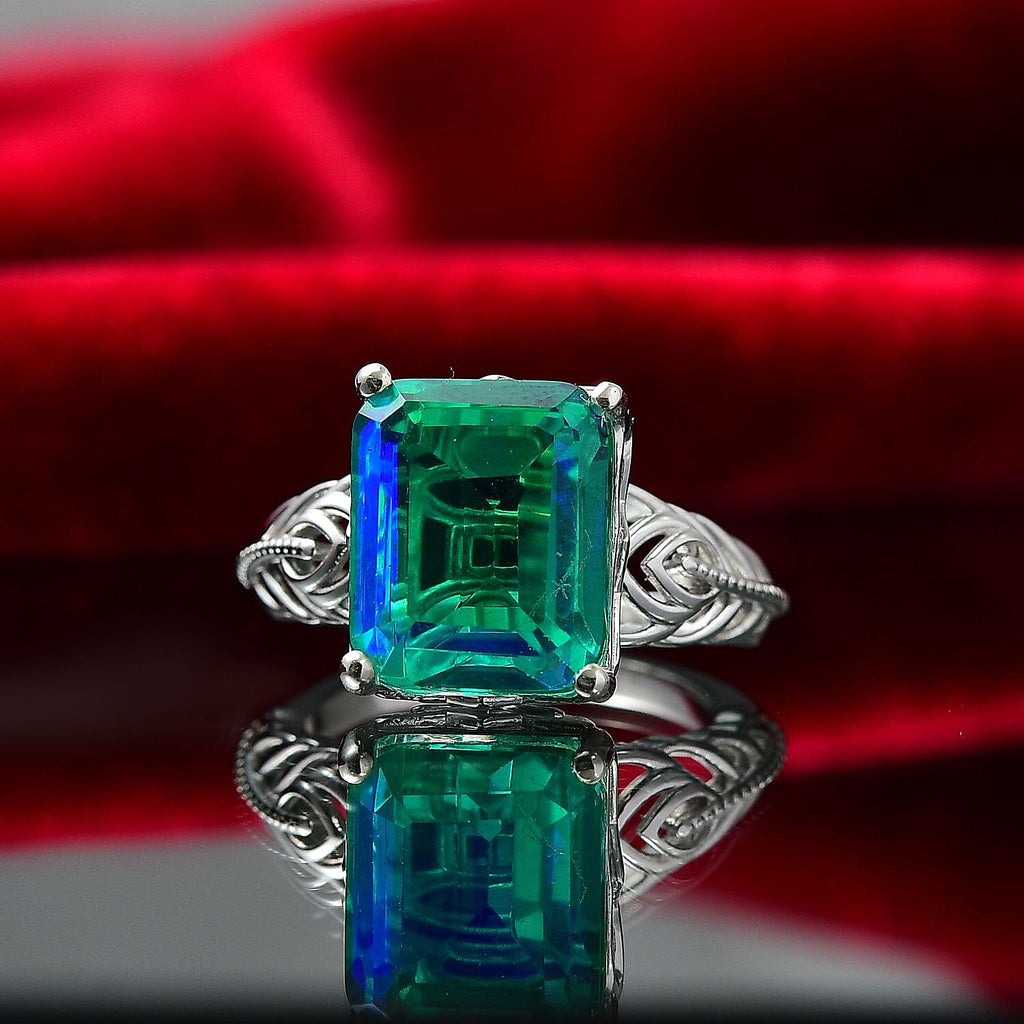 D'joy Peacock Triplet Quartz Solitaire Ring in Rhodium Overlay Sterling Silver 7.31 Ct.