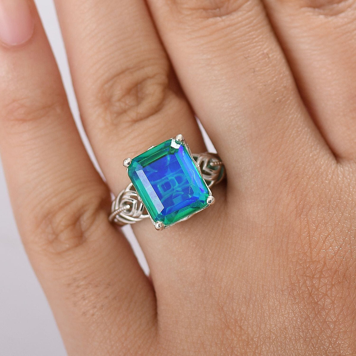 D'joy Peacock Triplet Quartz Solitaire Ring in Rhodium Overlay Sterling Silver 7.31 Ct. 8192857 3