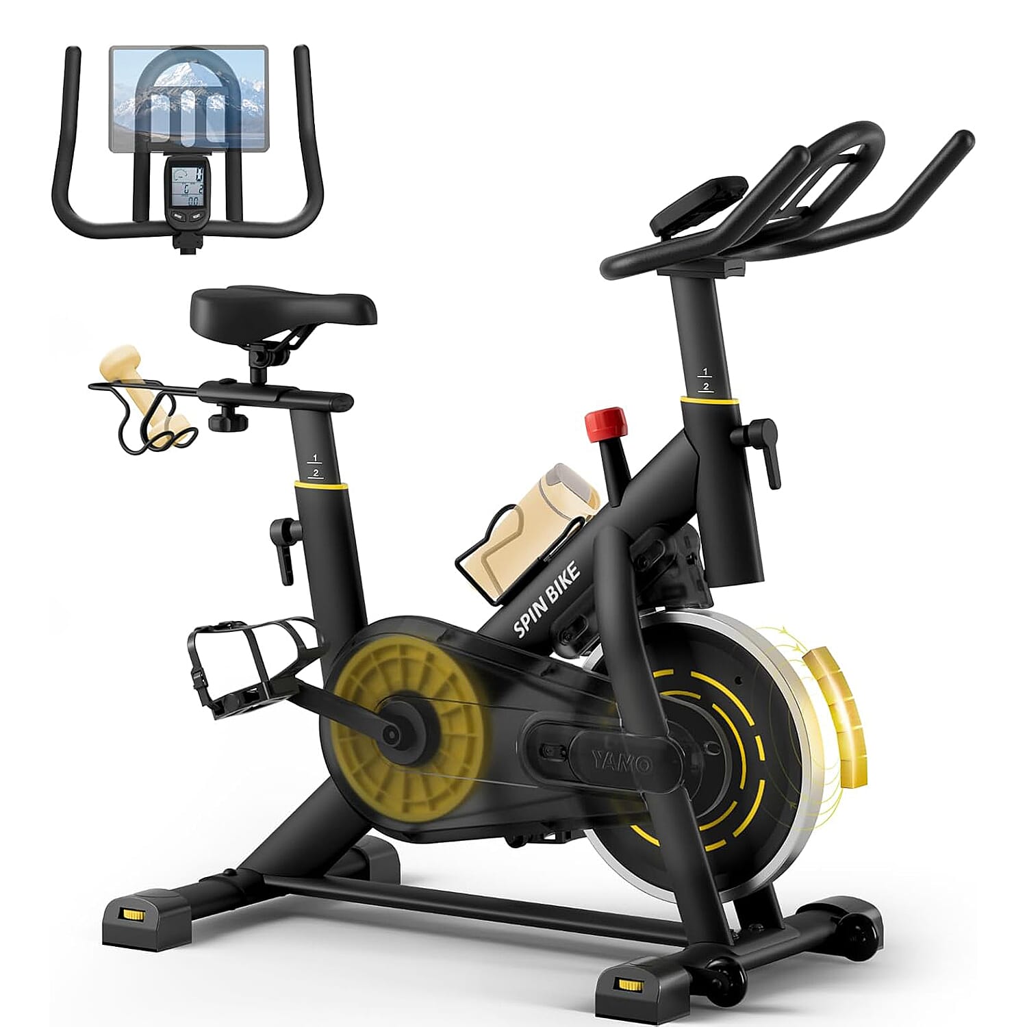 YAMO Exercise Spin Bike, Adjustable Resistance Silent Belt Drive with Comfortable Seat Cushion - Yellow 8194825 0