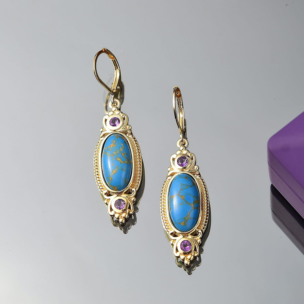 Tucson Find - Blue Turquoise &amp; Amethyst India Atristry Earrings 8.18 Ct. 8201961 2