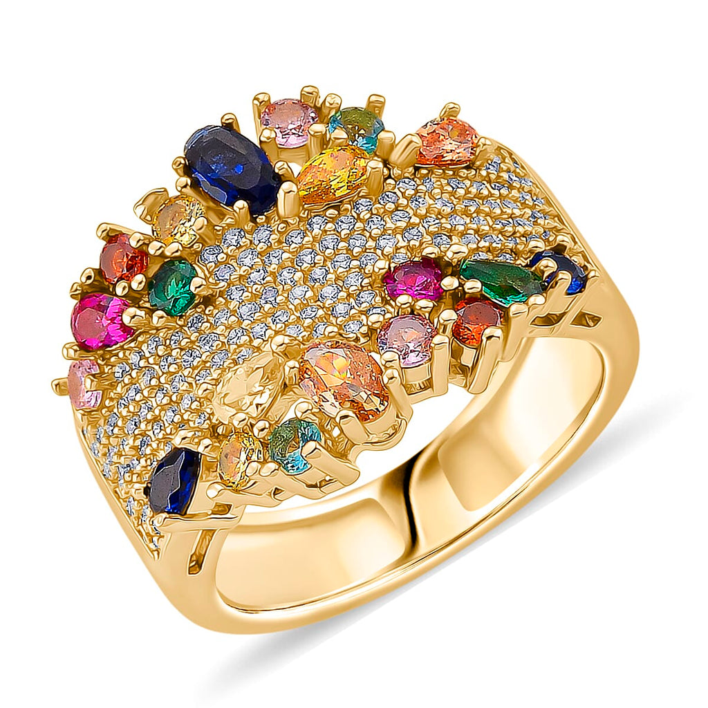 Multi Color Cubic Zirconia Ring in Yellow Gold Plated 3.00 Ct.