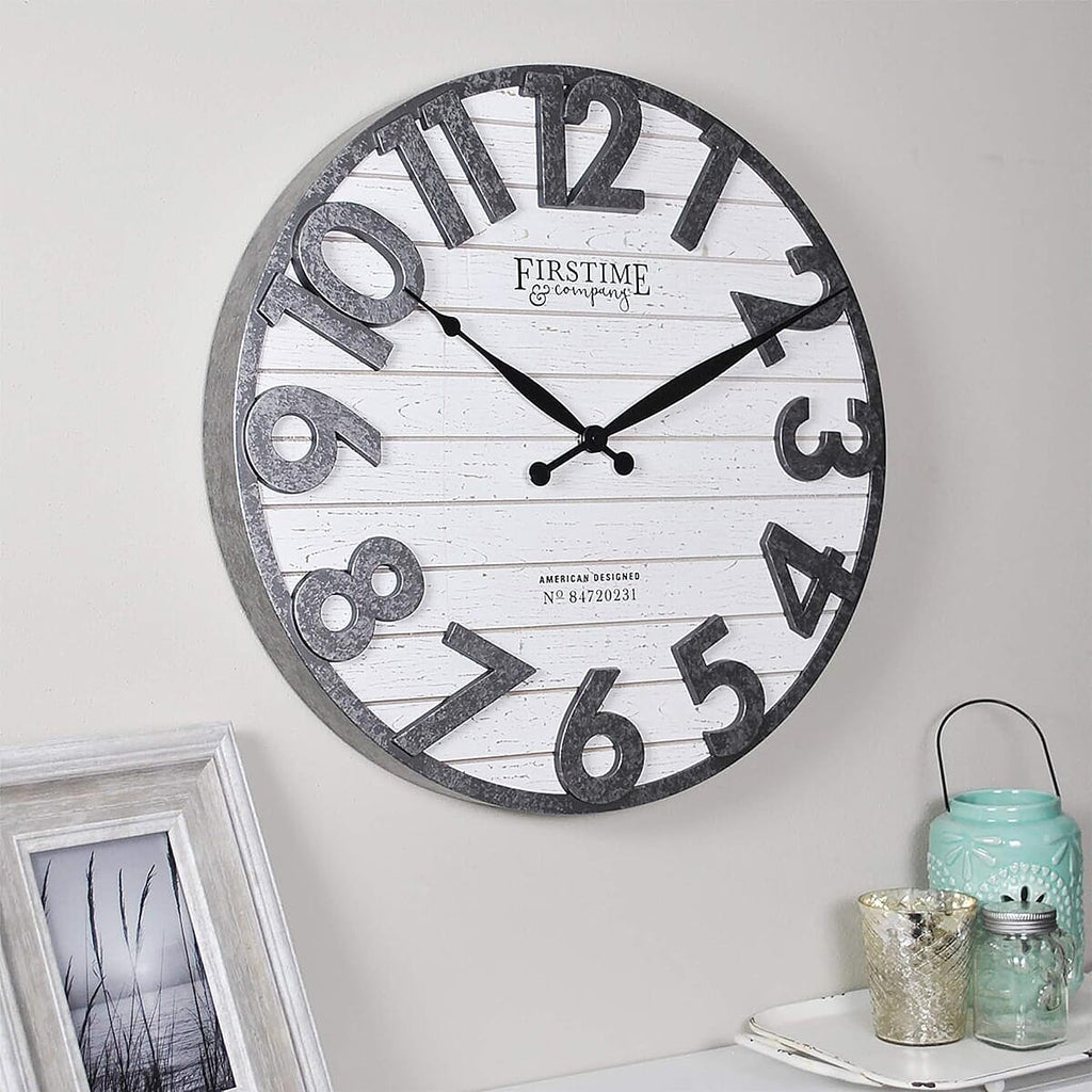 First Time and Co Sawyer Shiplap White Clock (18 inch) - Black.