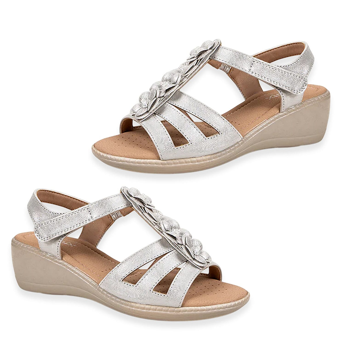 Amelia Womens Wedge T-Bar Summer Sandals With 3D Floral Detail (Size 3) - Silver 8519349 0