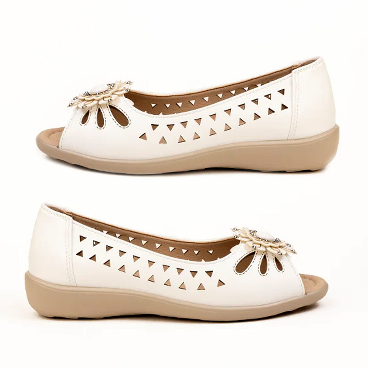 Vivienne Womens Peep Toe Summer Flats With Floral &amp; Laser Cut Triangle Detail (Size 3) - White 8519451 0