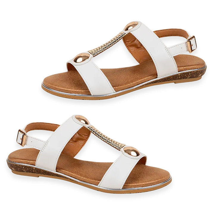 Quinn Ladies Open Toe Gold Beading T-Bar Comfort Slingback Flat Sandals (Size 5) - White 8519423 1