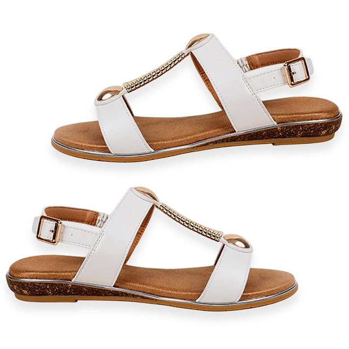 Quinn Ladies Open Toe Gold Beading T-Bar Comfort Slingback Flat Sandals (Size 5) - White 8519423 2