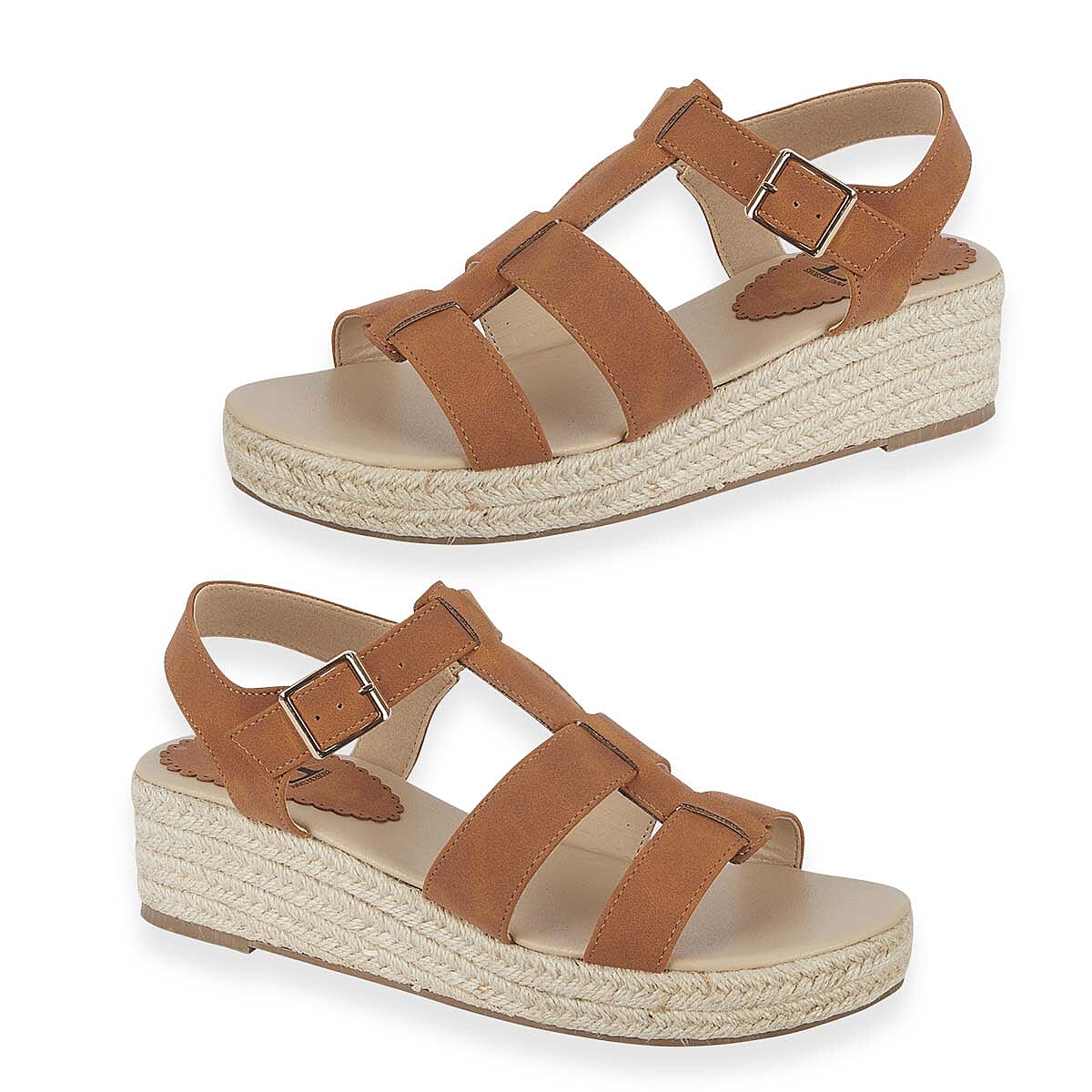 Emma Bonnie Espadrille Strappy T-Bar Wedge Heel Sandals With Adjustable Ankle Strap (Size 5) - Tan V32524582 0