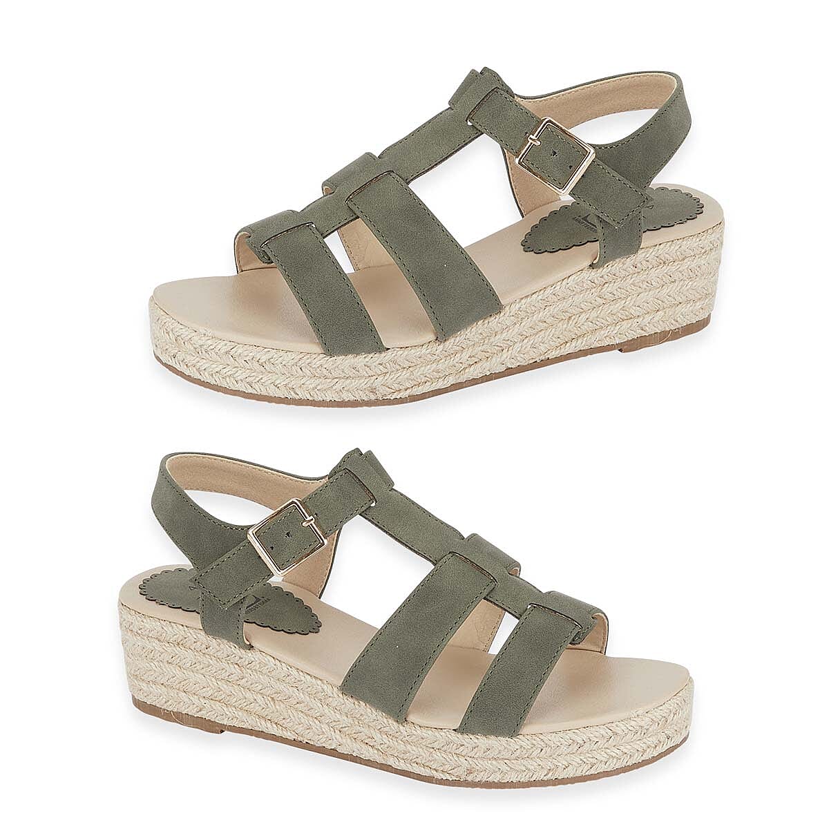 Emma Bonnie Espadrille Strappy T-Bar Wedge Heel Sandals With Adjustable Ankle Strap (Size 6) - Khaki V32524940 0
