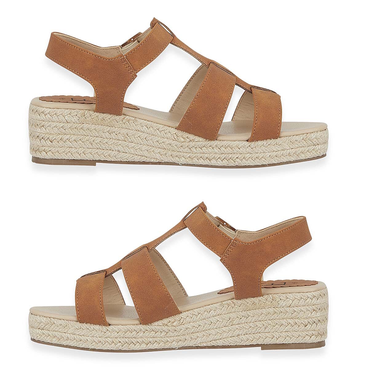 Emma Bonnie Espadrille Strappy T-Bar Wedge Heel Sandals With Adjustable Ankle Strap (Size 6) - Tan V32524587 1