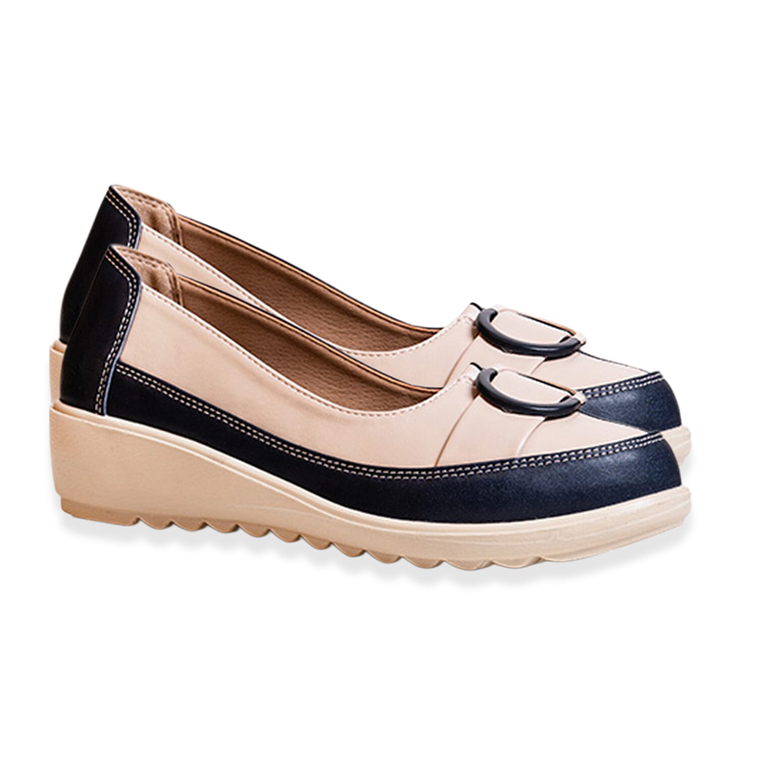 Ladies Harmony Slip On Contrast Pumps With Decorative Buckle Detail (Size 3) - Navy &amp; Multi 8448012 1