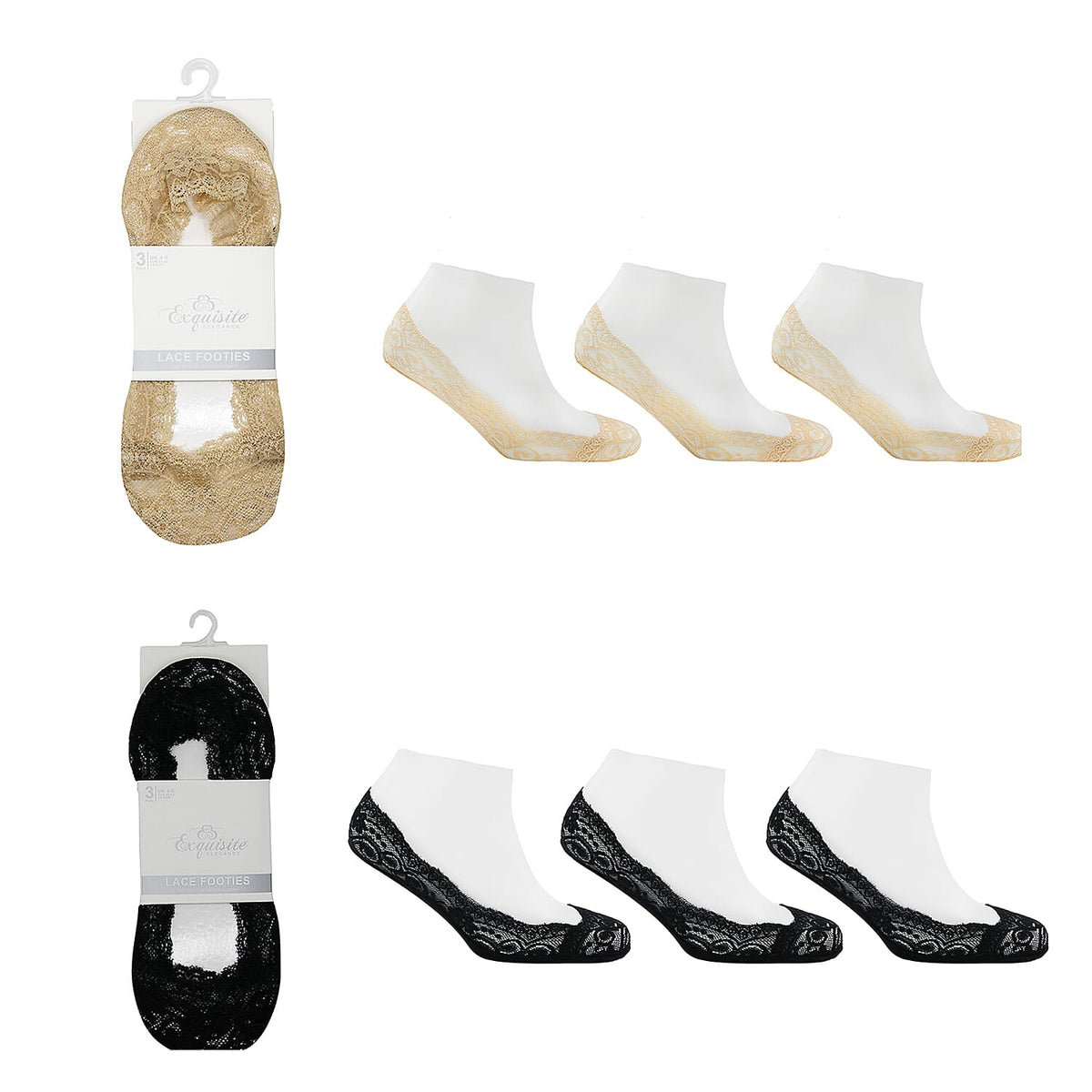 Exquisite Elegance Set of 6 - Non-Slip Silicone Gripper Lace Footies Sock (Size 4-8) - 3 Black &amp; 3 Nude V32513829 0