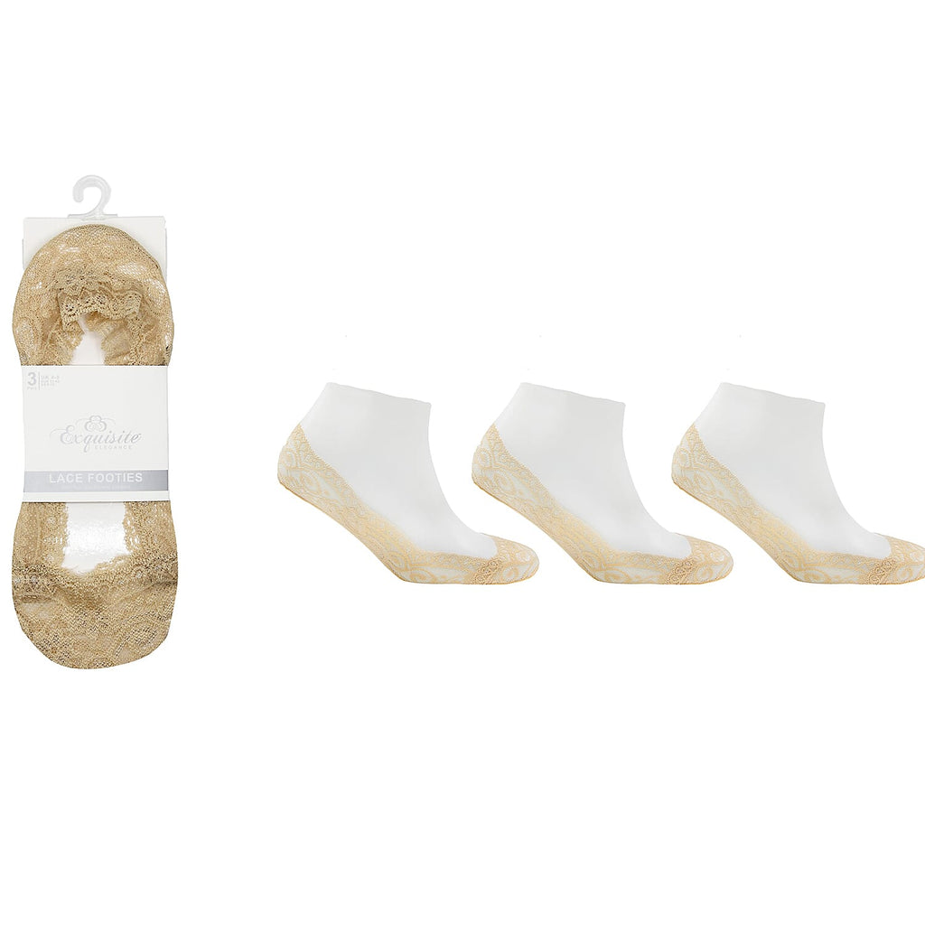 Exquisite Elegance Set of 6 - Non-Slip Silicone Gripper Lace Footies Sock (Size 4-8) - 3 Black & 3 Nude