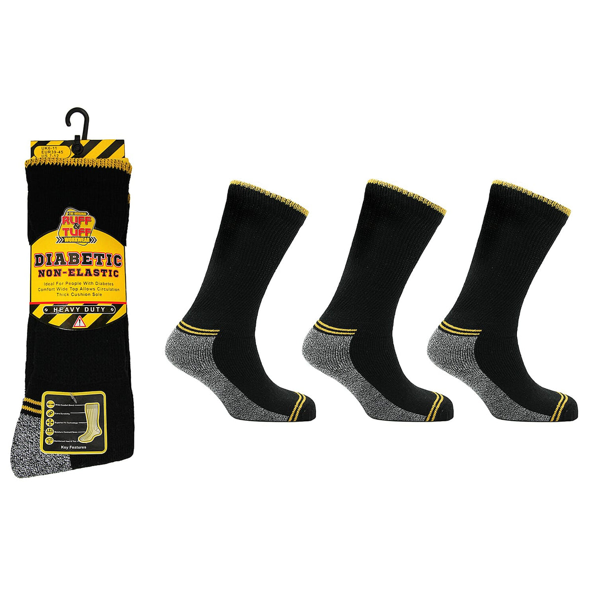 Mens 3-Pack Ruff &amp; Tuff Diabetic Non Elasticated Heavy Duty Socks (Size 6 - 11) - Black 8447709 0
