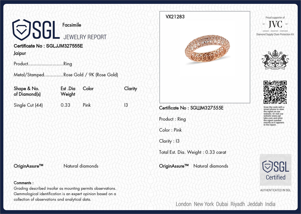 9K Rose Gold SGL Certified Natural Pink Diamond Ring 0.33 Ct.