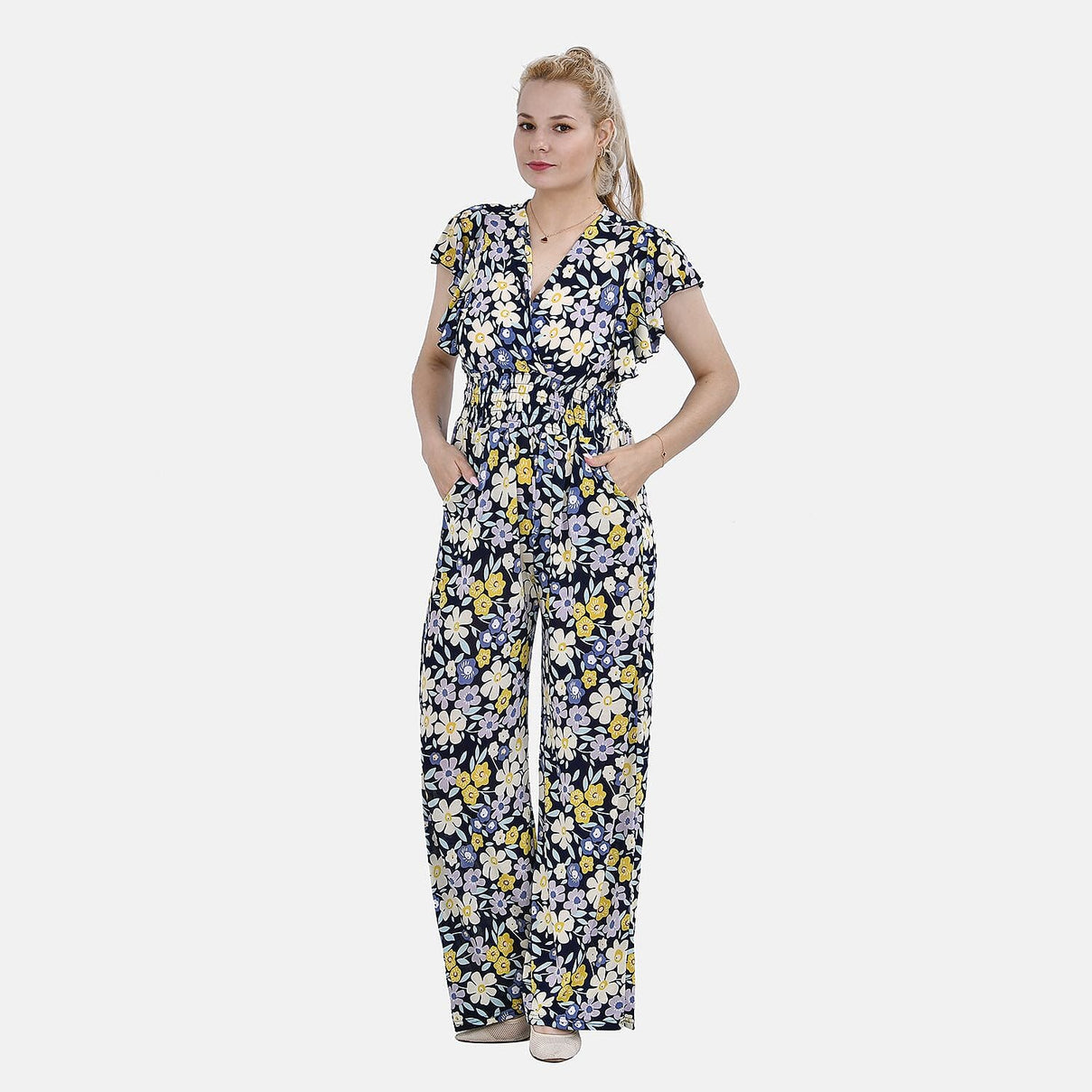 LA MAREY Floral Pattern Smocked Waist Jumpsuit with Flutter Sleeve (16 to 20) - Yellow &amp; Purple 7690124 0