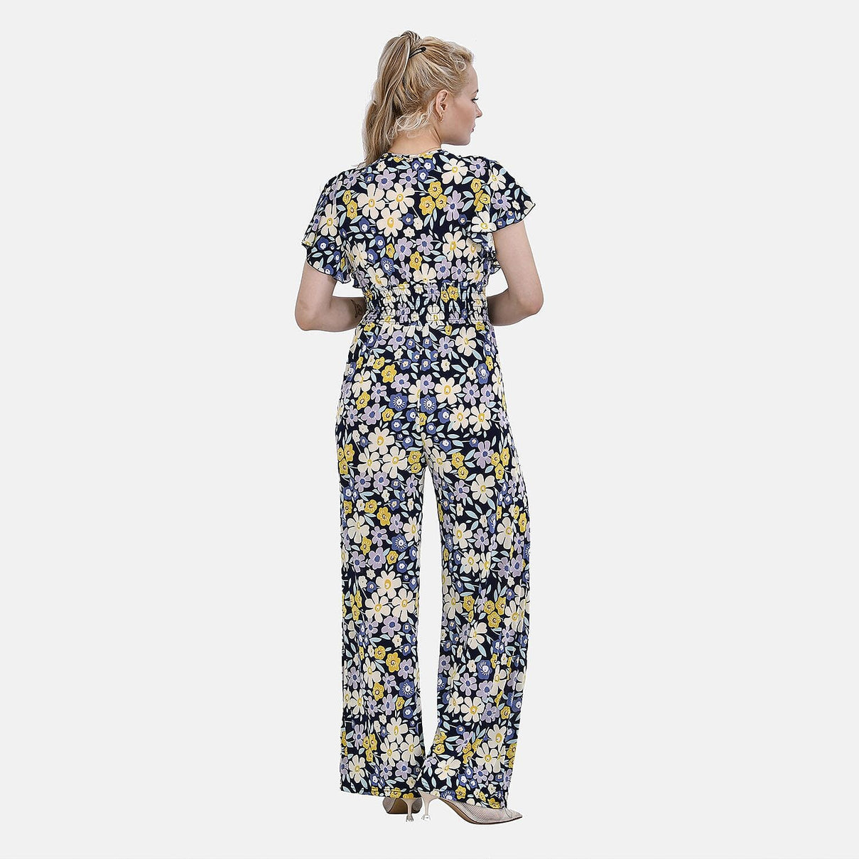LA MAREY Floral Pattern Smocked Waist Jumpsuit with Flutter Sleeve (16 to 20) - Yellow &amp; Purple 7690124 1