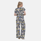 LA MAREY Floral Pattern Smocked Waist Jumpsuit with Flutter Sleeve (16 to 20) - Yellow & Purple