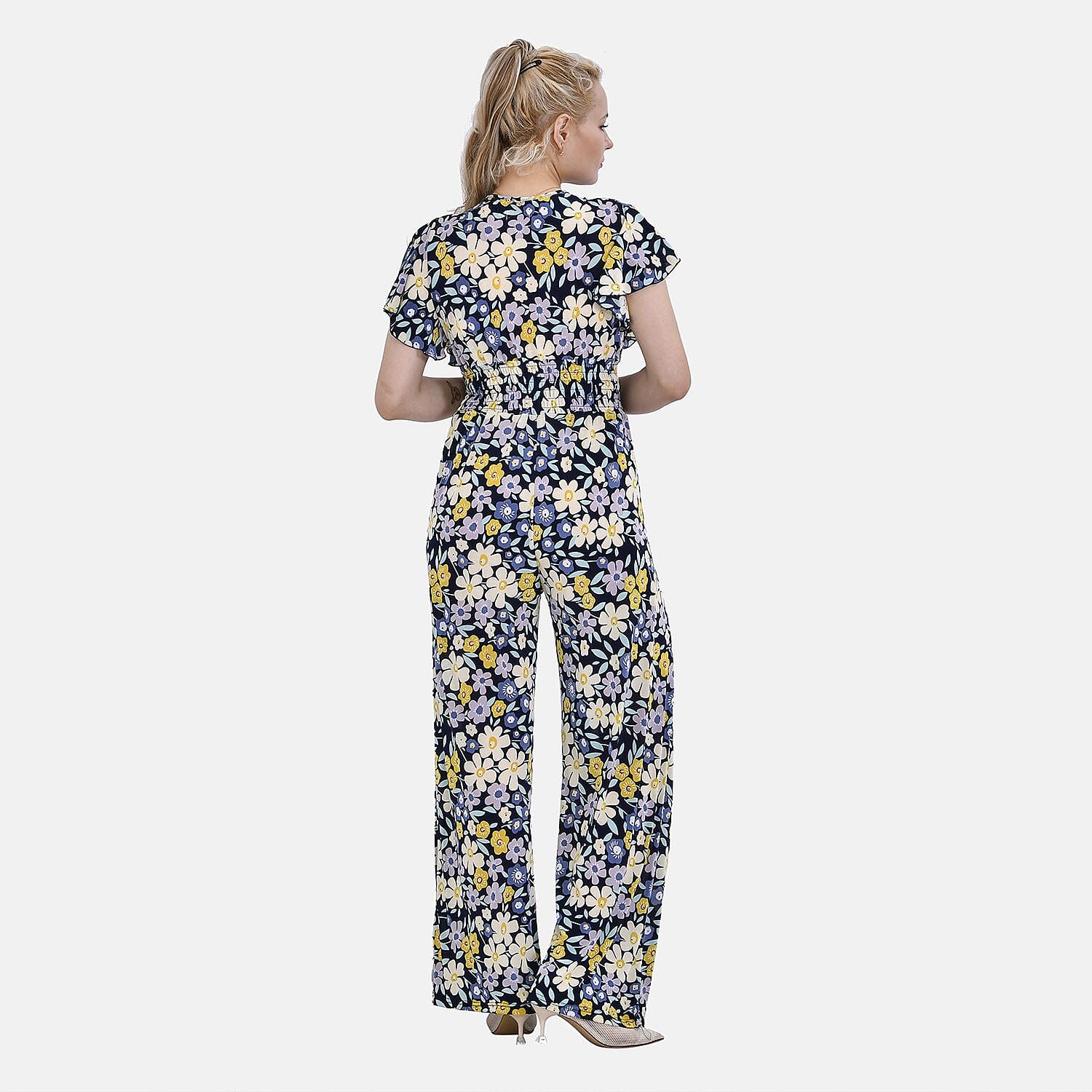LA MAREY Floral Pattern Smocked Waist Jumpsuit with Flutter Sleeve (16 to 20) - Yellow &amp; Purple 7690124 1