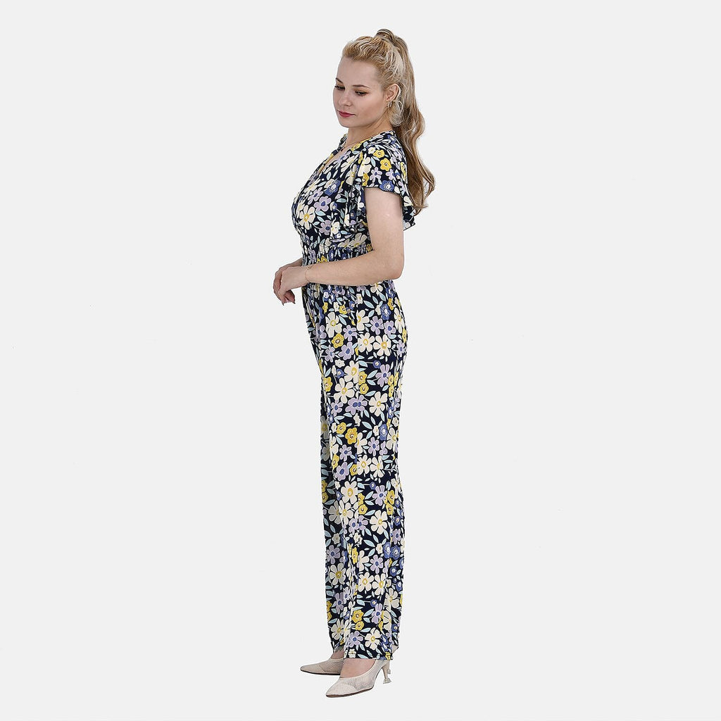 LA MAREY Floral Pattern Smocked Waist Jumpsuit with Flutter Sleeve (16 to 20) - Yellow & Purple