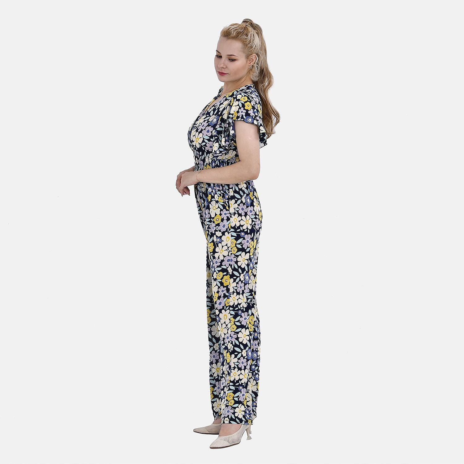LA MAREY Floral Pattern Smocked Waist Jumpsuit with Flutter Sleeve (16 to 20) - Yellow &amp; Purple 7690124 2