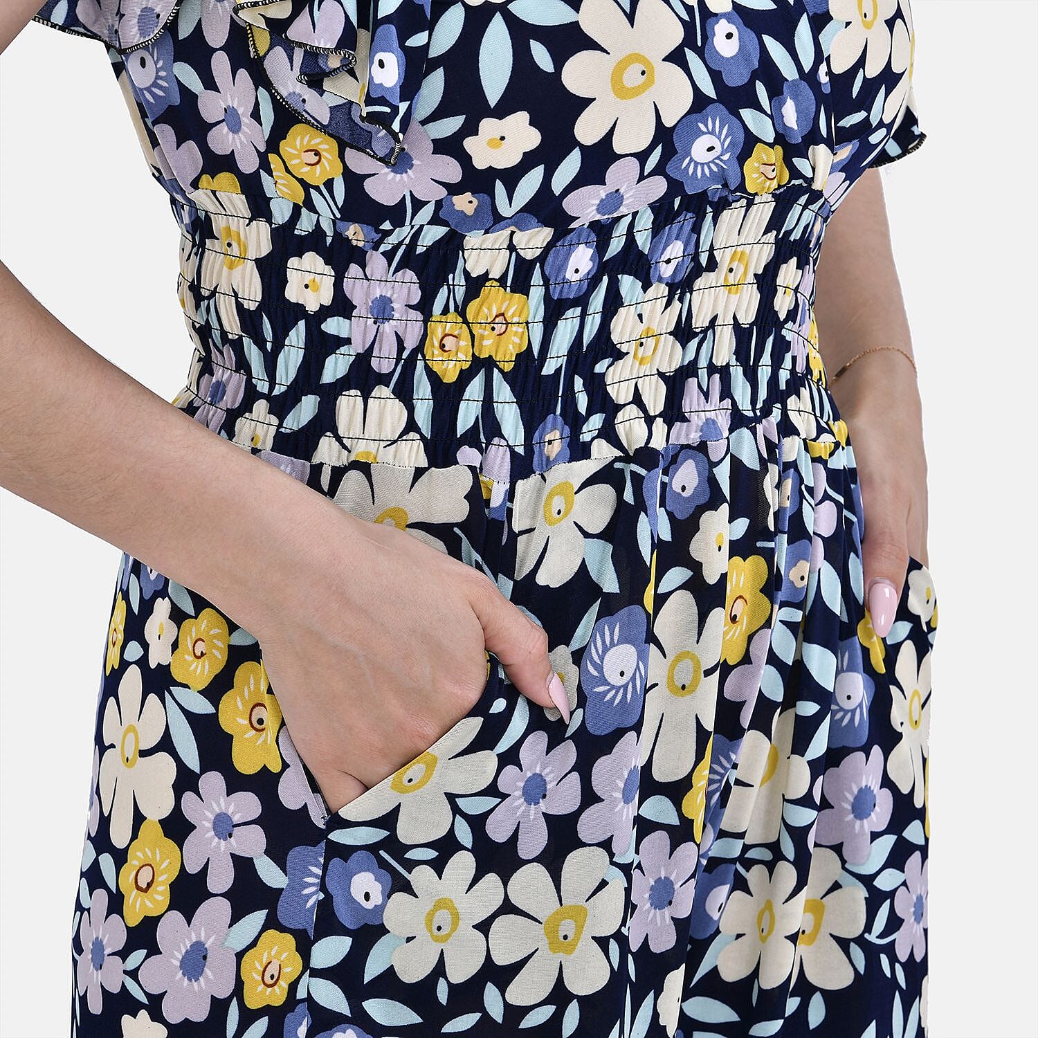 LA MAREY Floral Pattern Smocked Waist Jumpsuit with Flutter Sleeve (16 to 20) - Yellow &amp; Purple 7690124 5