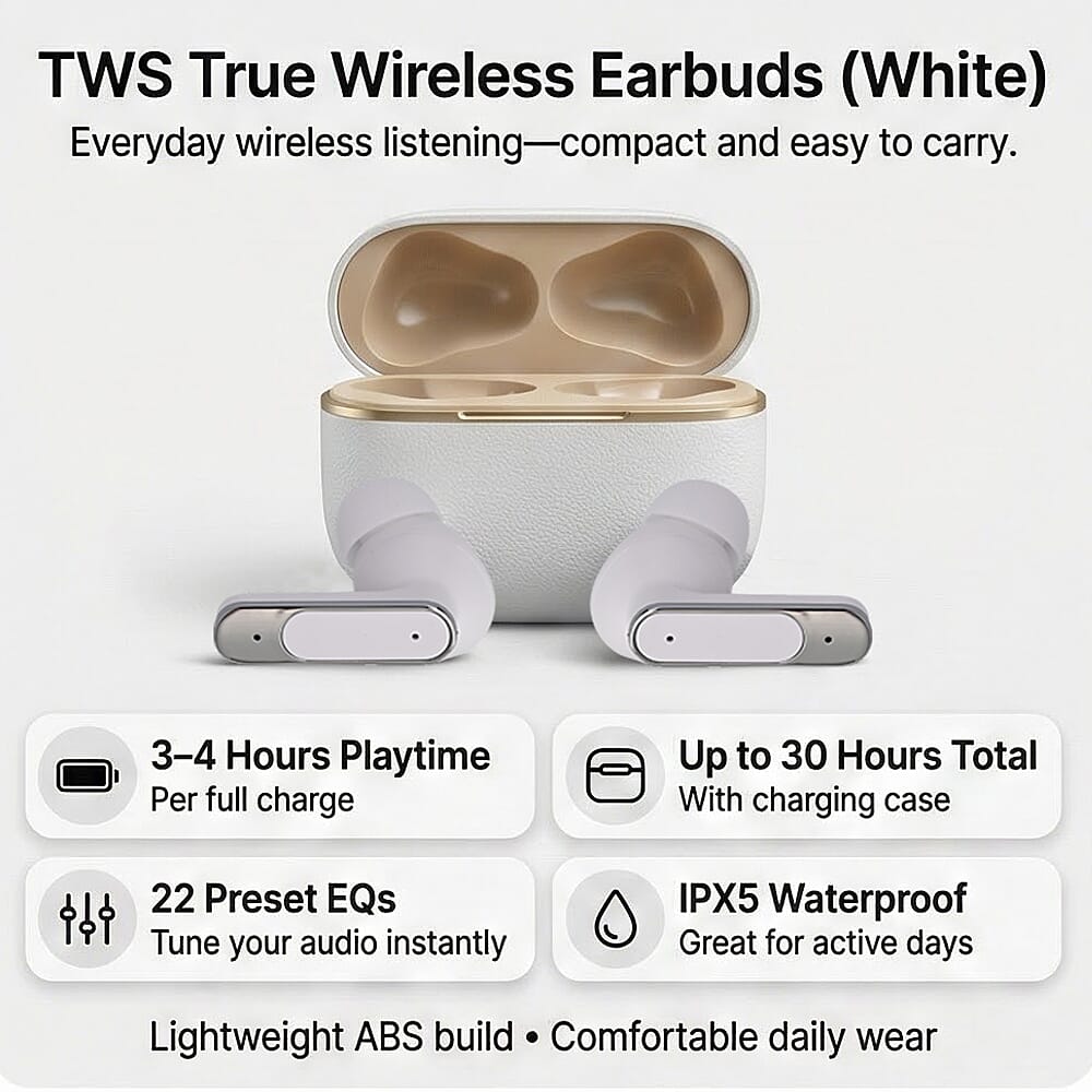 TWS True Wireless Earbuds - 150mAh Charging Case &amp; 3-4 Hour Playtime - White 8351149 2