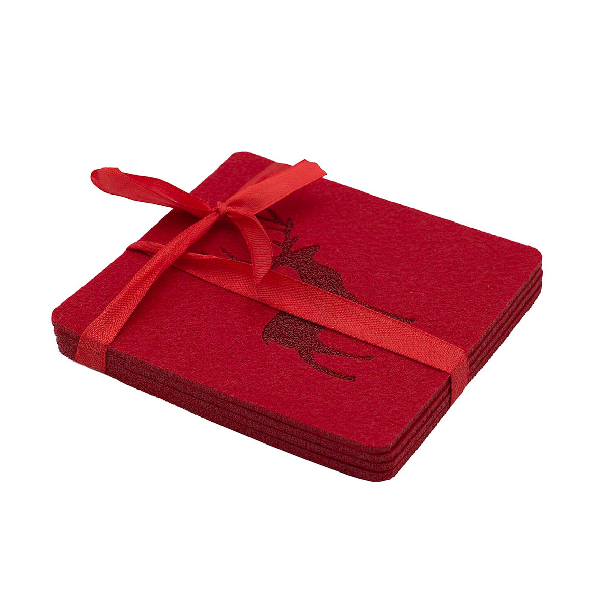 Set of 4 Felt Deer Print Placements (Size 29x22 Cm) &amp; 4 Matching Coasters (Size 10x10 Cm) - Red 7552986 0