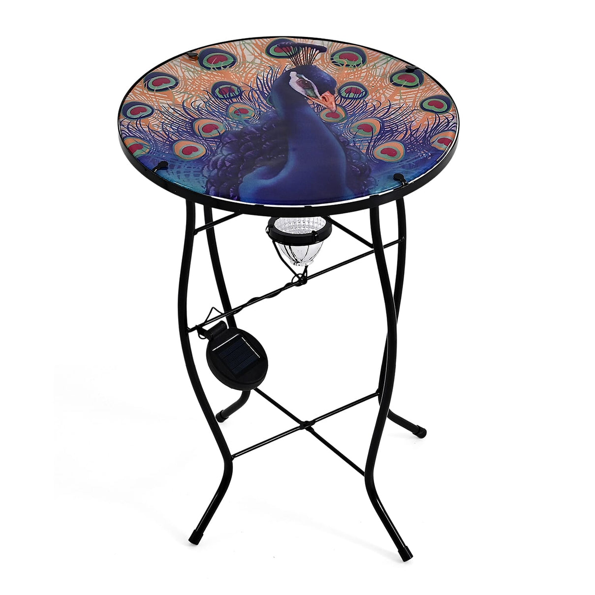Peacock Design Round Glass Garden Table with Solar Powered LED (35.5 x 35.5 x 52.5 cm) - Multi Colour V32519515 0