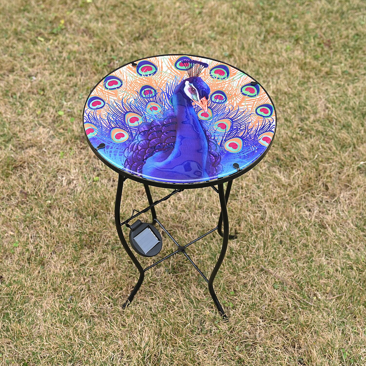 Peacock Design Round Glass Garden Table with Solar Powered LED (35.5 x 35.5 x 52.5 cm) - Multi Colour V32519515 2