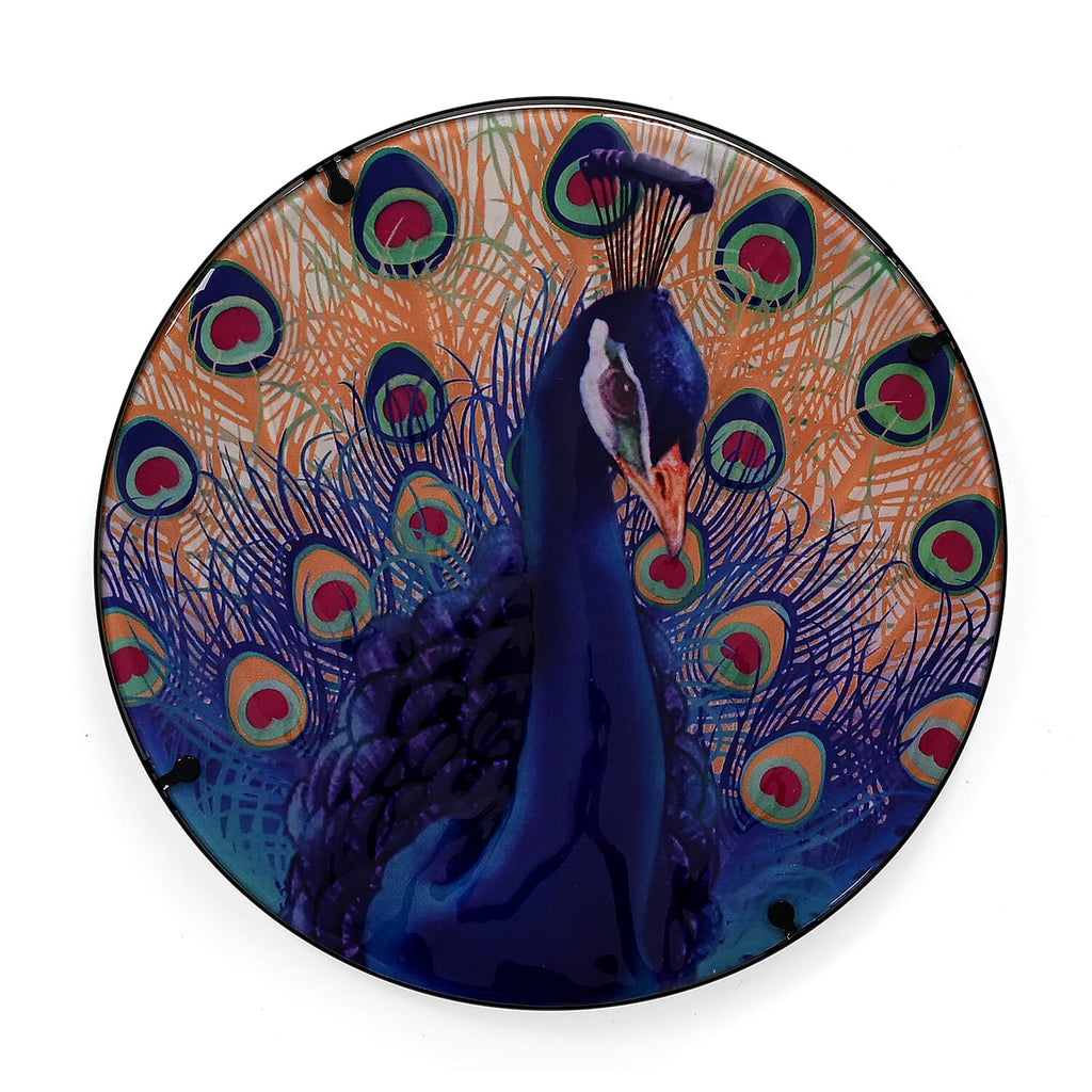 Peacock Design Round Glass Garden Table with Solar Powered LED (35.5 x 35.5 x 52.5 cm) - Multi Colour