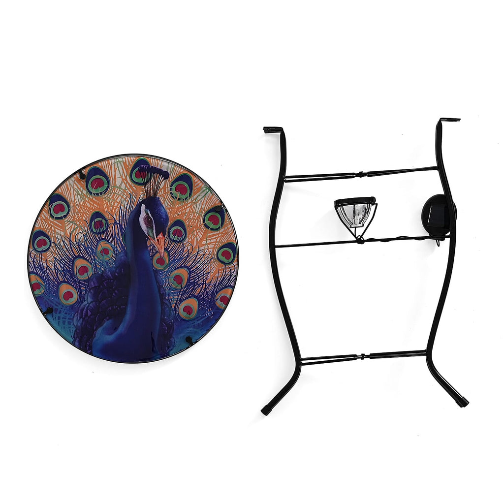 Peacock Design Round Glass Garden Table with Solar Powered LED (35.5 x 35.5 x 52.5 cm) - Multi Colour