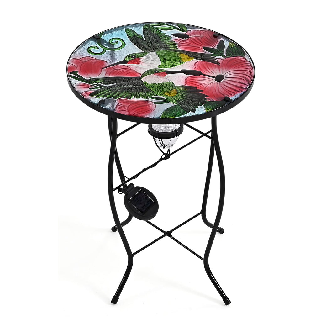 Floral - Bird Design Round Glass Garden Table with Solar Powered LED (35.5 x 35.5 x 52.5 cm) - Multi Colour