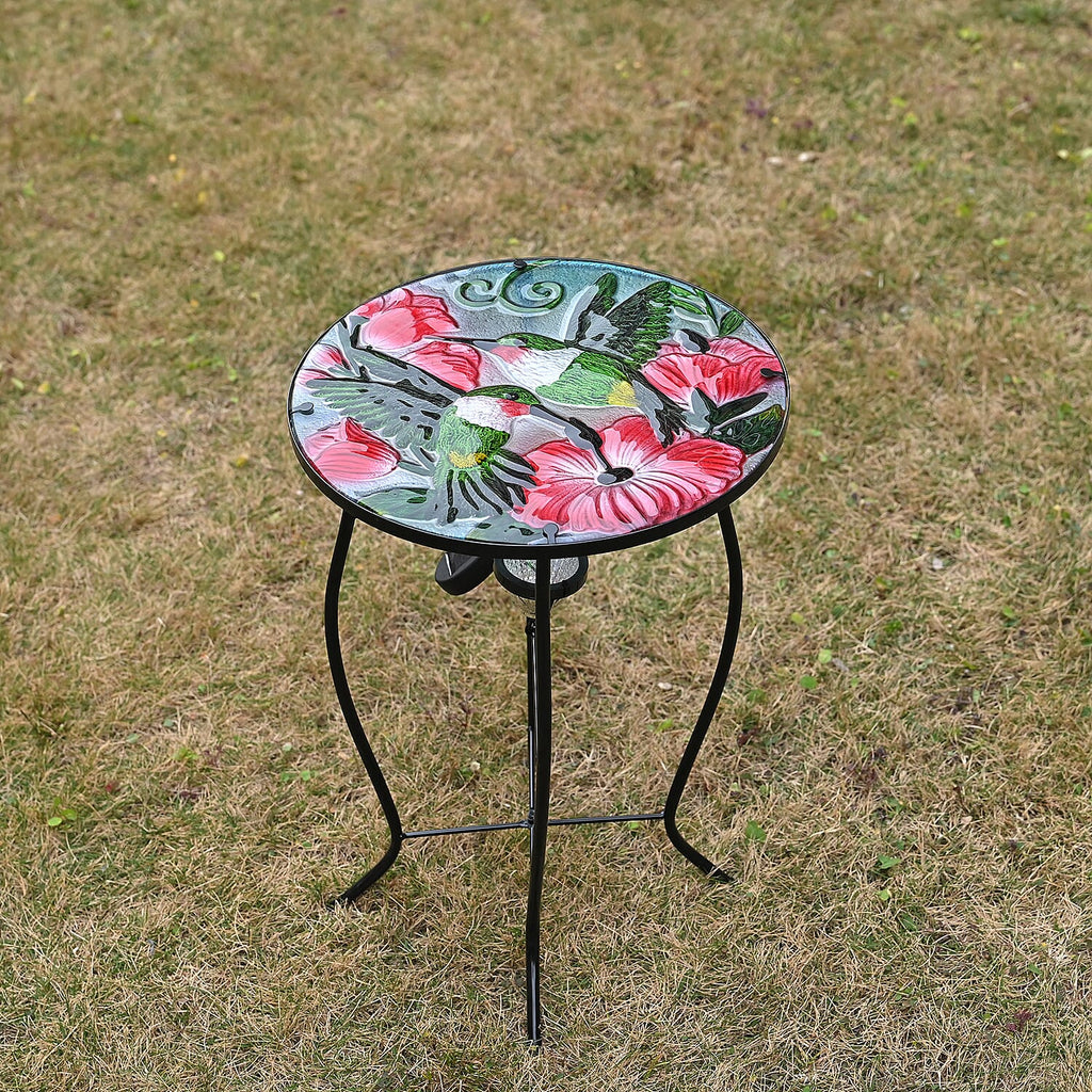 Floral - Bird Design Round Glass Garden Table with Solar Powered LED (35.5 x 35.5 x 52.5 cm) - Multi Colour