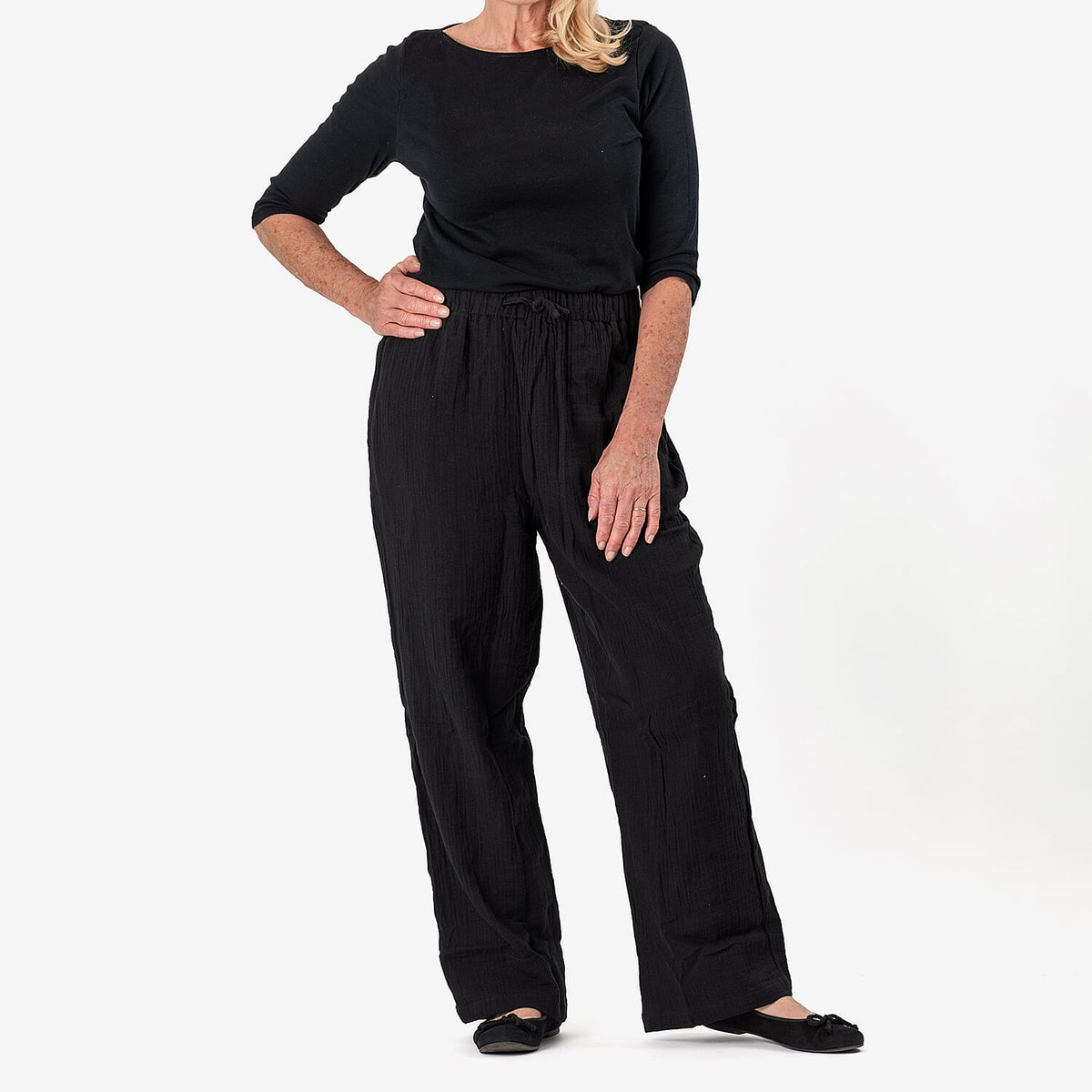 Tamsy 100% Cotton Casual Elasticated Waist Trousers (Size 16 to 18) - Black V32678404 0