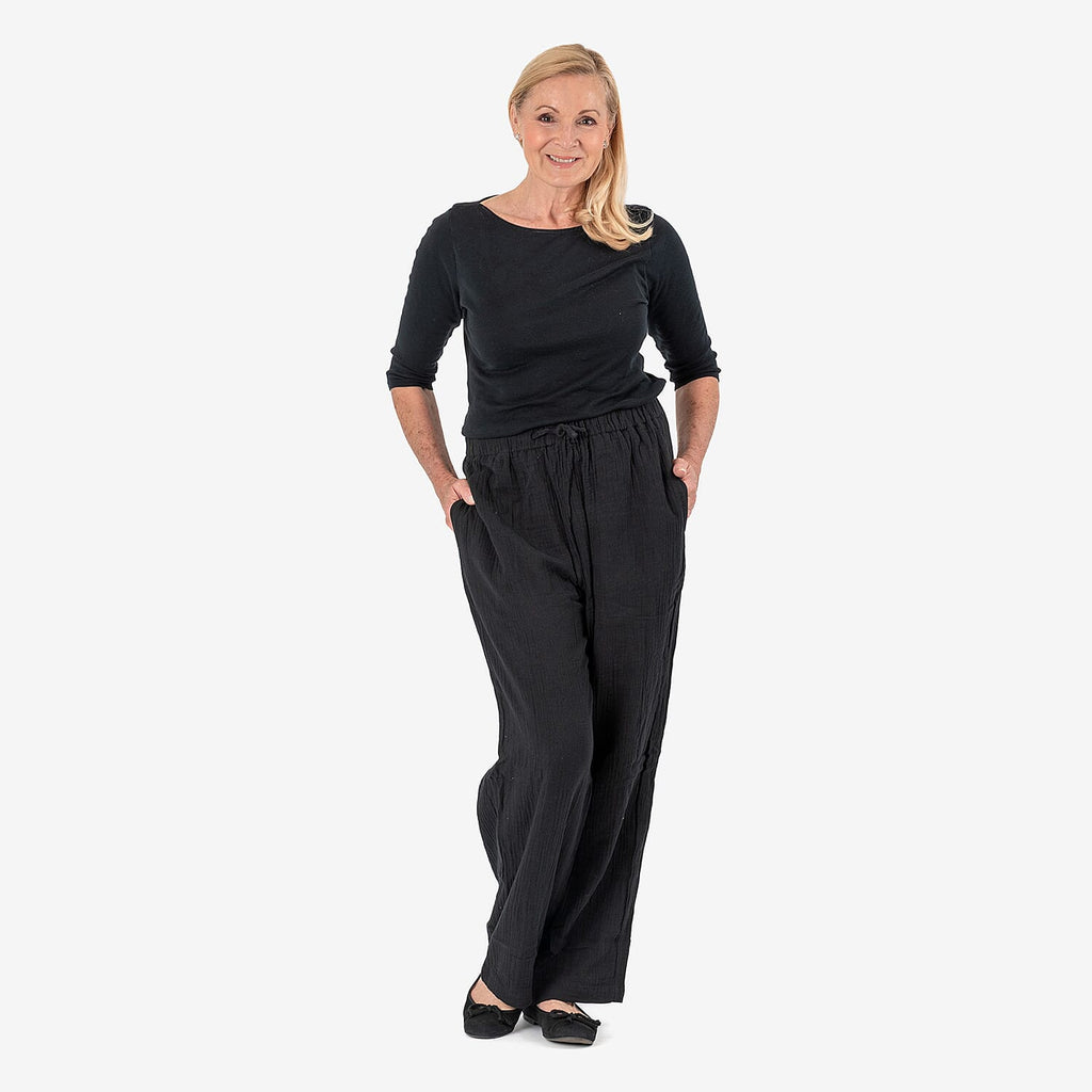 Tamsy 100% Cotton Casual Elasticated Waist Trousers (Size 16 to 18) - Black