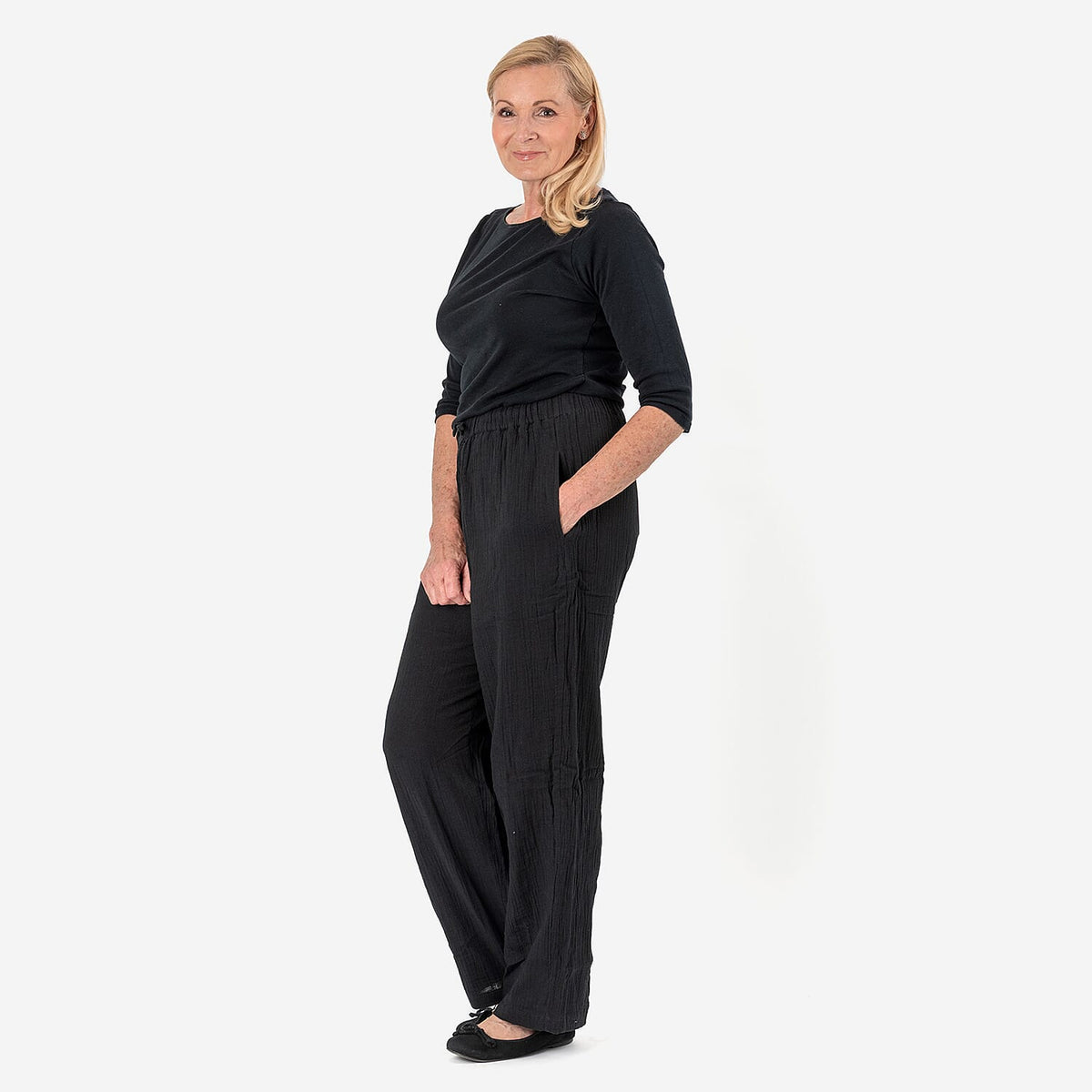 Tamsy 100% Cotton Casual Elasticated Waist Trousers (Size 16 to 18) - Black V32678404 2