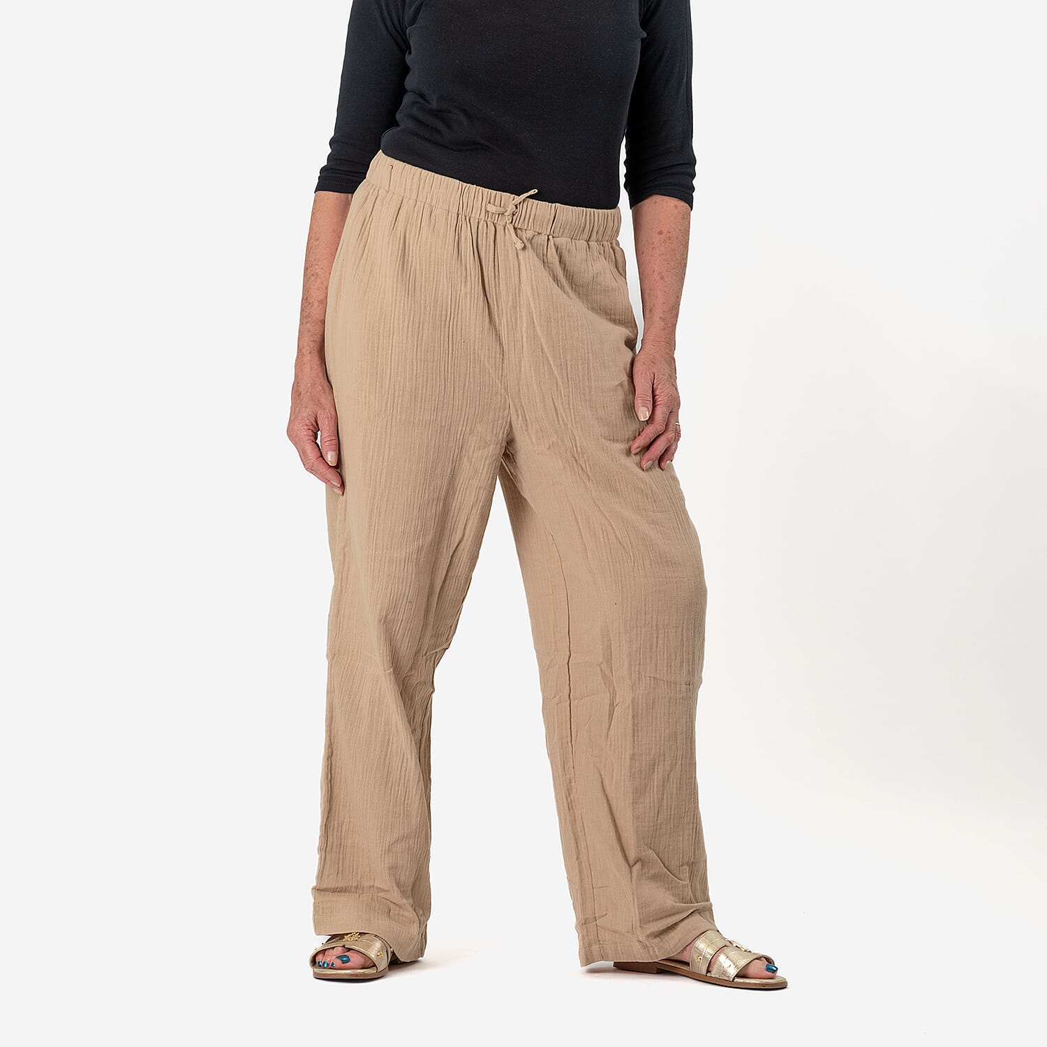 Tamsy 100% Cotton Casual Elasticated Waist Trousers (Size 16to18) - Stone 7688000 0