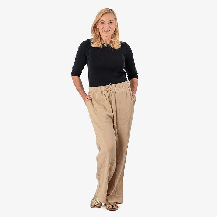 Tamsy 100% Cotton Casual Elasticated Waist Trousers (Size 16to18) - Stone 7688000 2