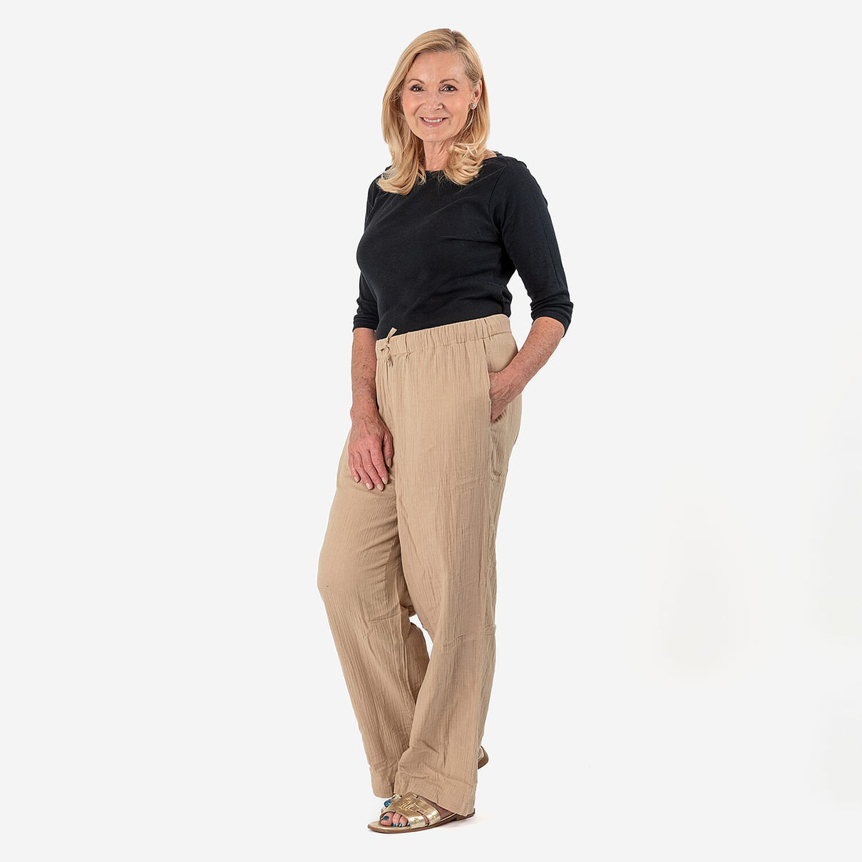 Tamsy 100% Cotton Casual Elasticated Waist Trousers (Size 16to18) - Stone 7688000 2